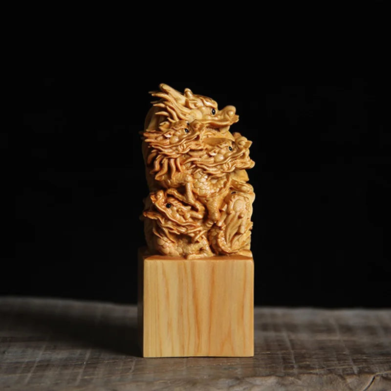 Thuja Wood/Boxwood 9cm Seal of Nine Dragons Playing Pearls Myth Animal Traditional Chinese Sculpture Office Decoration Statue