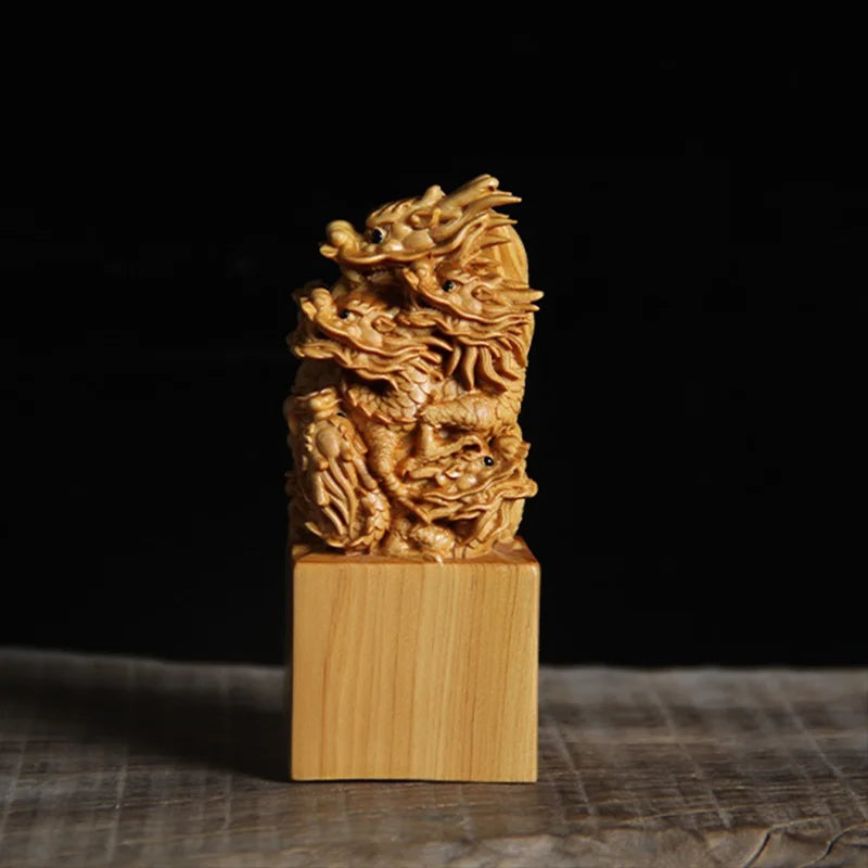 Thuja Wood/Boxwood 9cm Seal of Nine Dragons Playing Pearls Myth Animal Traditional Chinese Sculpture Office Decoration Statue