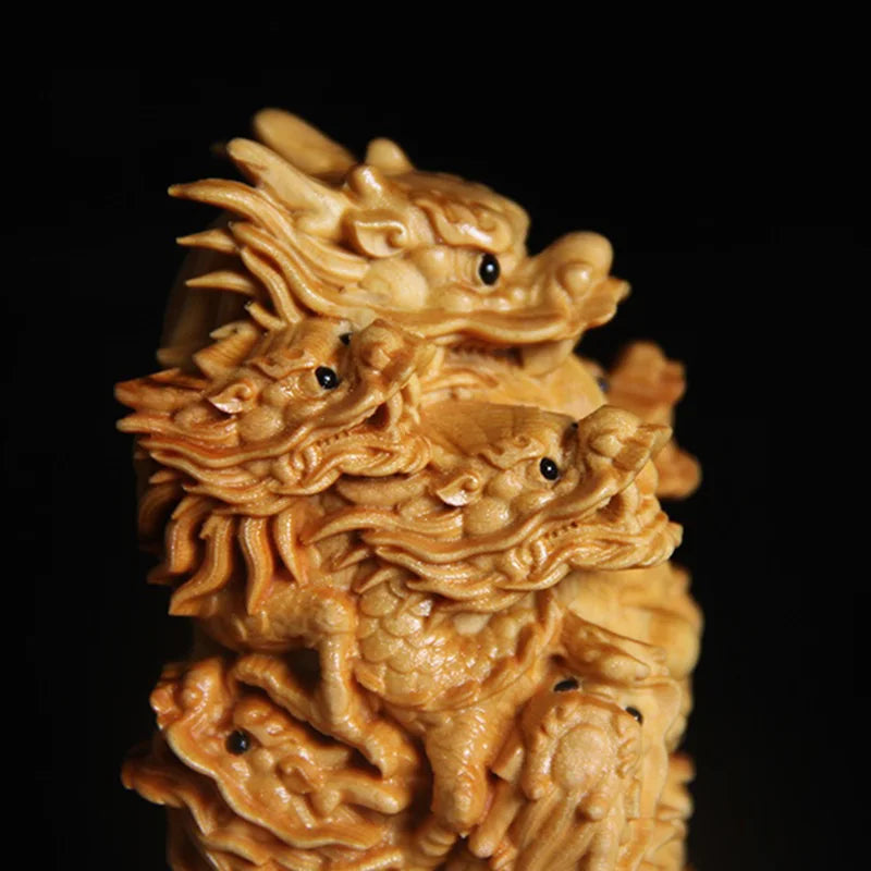 Thuja Wood/Boxwood 9cm Seal of Nine Dragons Playing Pearls Myth Animal Traditional Chinese Sculpture Office Decoration Statue