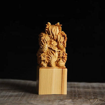 Thuja Wood/Boxwood 9cm Seal of Nine Dragons Playing Pearls Myth Animal Traditional Chinese Sculpture Office Decoration Statue