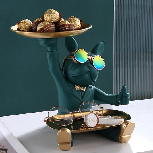 Thumbs-up French Bulldog Sculpture Decorative Trays Resin Dog Statue Home Decor Animal Figurines for Home Room Table Decoration