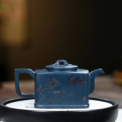 Tianqing Mud Landscape Square Purple Sand Tea Set, Yixing Handmade Pot, Kung-Fu Teaware, Purple Clay Drinkware for Puer