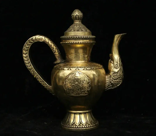 Tibet Buddhism Brass Bronze Beast 8 Auspicious Symbol Wine Tea Pot Flagon Statue