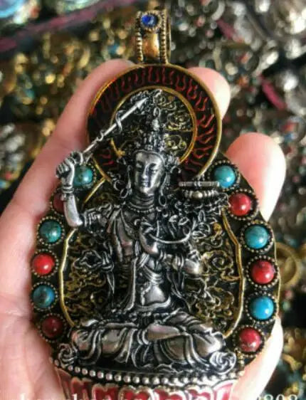 Tibet Buddhism Bronze Turquoise Silver Wenshu Manjushri Guan Yin Pendant Statue