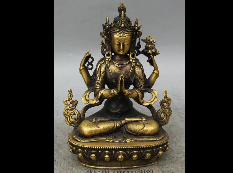 Tibet Buddhism Copper Seat 4 arms Chenrezig Buddha Avalokiteshvara Statue 23cm