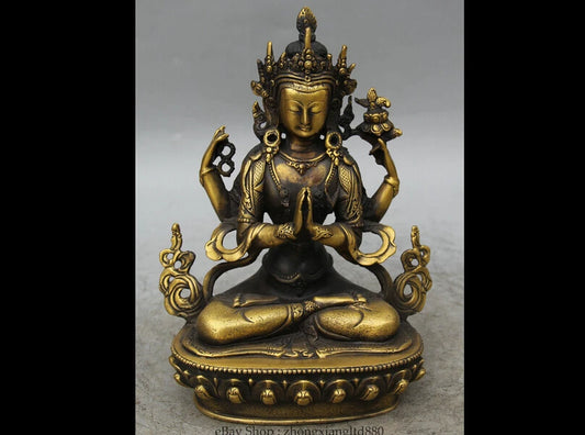 Tibet Buddhism Copper Seat 4 arms Chenrezig Buddha Avalokiteshvara Statue 23cm