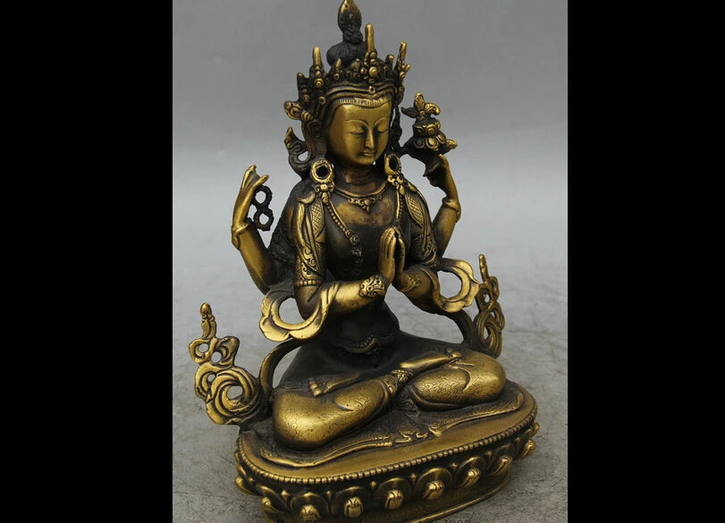 Tibet Buddhism Copper Seat 4 arms Chenrezig Buddha Avalokiteshvara Statue 23cm