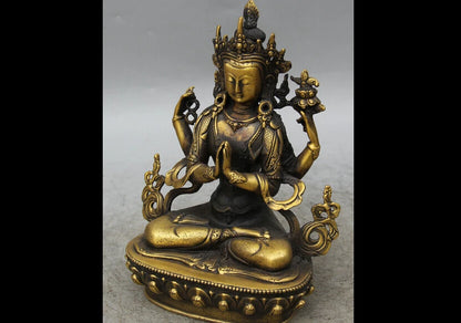 Tibet Buddhism Copper Seat 4 arms Chenrezig Buddha Avalokiteshvara Statue 23cm