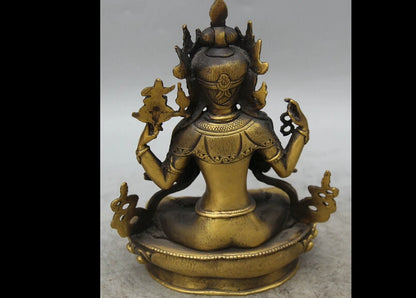 Tibet Buddhism Copper Seat 4 arms Chenrezig Buddha Avalokiteshvara Statue 23cm