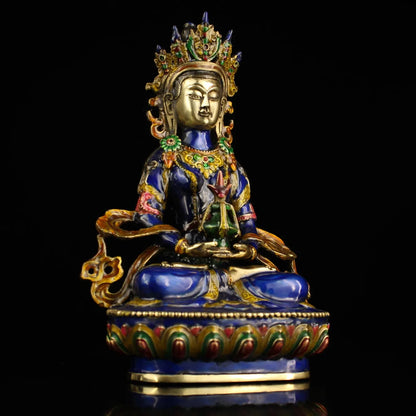 Tibet Buddhism Hand carving Cloisonne Brass Bodhisattva Manjusri Buddha Statue 21cm