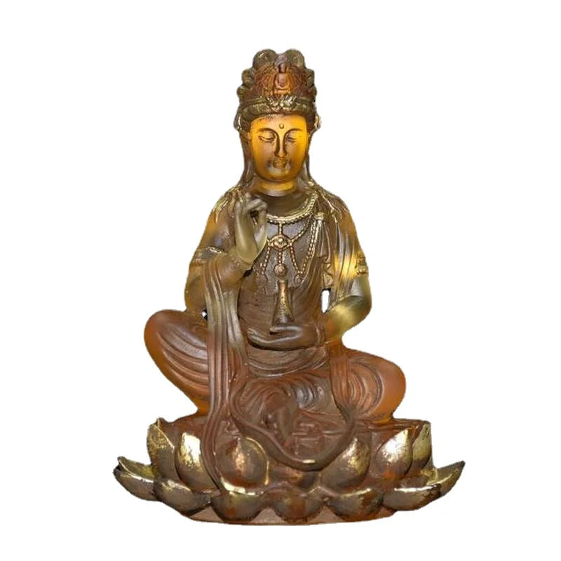 Tibet Buddhism Yellow Liuli Glaze Glass Handmade Kwan Yin Bodhisattva Buddha Statue
