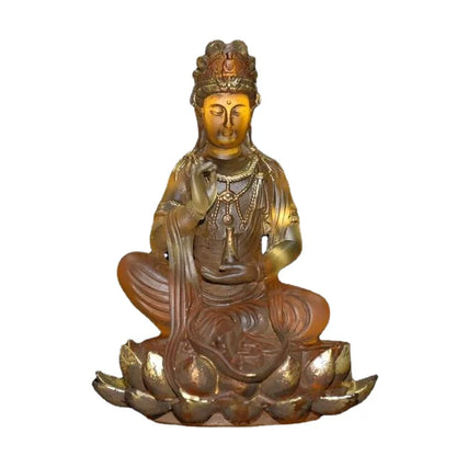 Tibet Buddhism Yellow Liuli Glaze Glass Handmade Kwan Yin Bodhisattva Buddha Statue