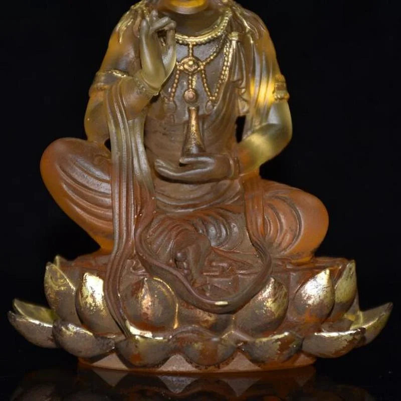 Tibet Buddhism Yellow Liuli Glaze Glass Handmade Kwan Yin Bodhisattva Buddha Statue