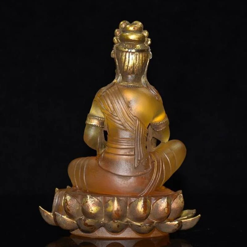 Tibet Buddhism Yellow Liuli Glaze Glass Handmade Kwan Yin Bodhisattva Buddha Statue