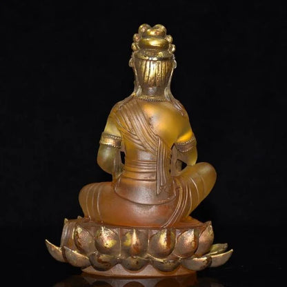 Tibet Buddhism Yellow Liuli Glaze Glass Handmade Kwan Yin Bodhisattva Buddha Statue