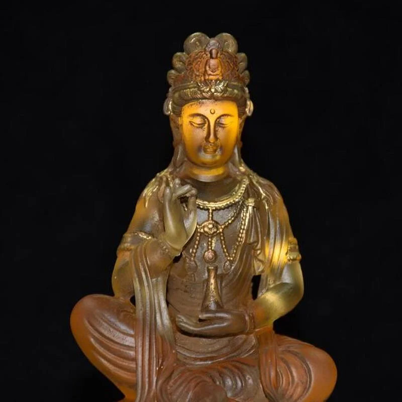 Tibet Buddhism Yellow Liuli Glaze Glass Handmade Kwan Yin Bodhisattva Buddha Statue