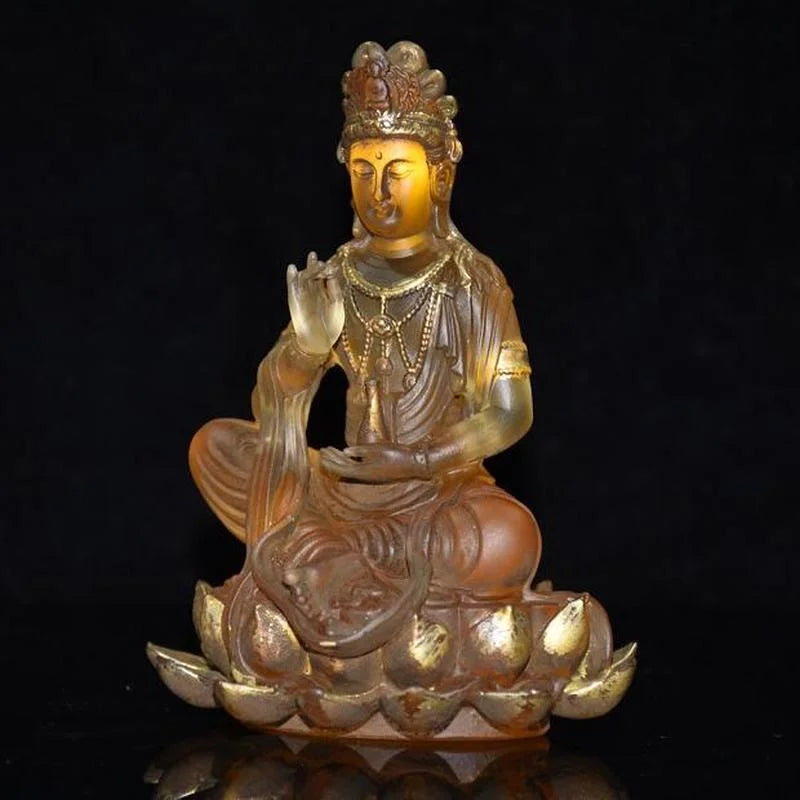 Tibet Buddhism Yellow Liuli Glaze Glass Handmade Kwan Yin Bodhisattva Buddha Statue
