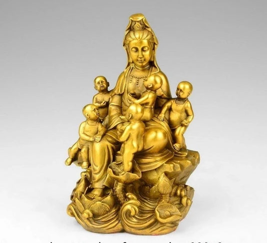 Tibet Buddhsim Brass Copper Lotus Songzi Boy GuanYin Kwan-yin Bodhisattva Statue