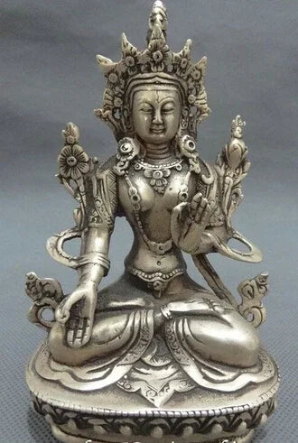 Tibet Silver Buddhist Joss Protect Set Lotus 7 Eyes White Tara Buddha Statue