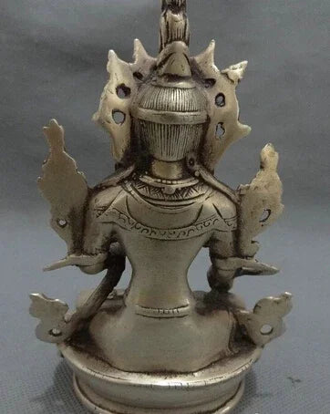 Tibet Silver Buddhist Joss Protect Set Lotus 7 Eyes White Tara Buddha Statue