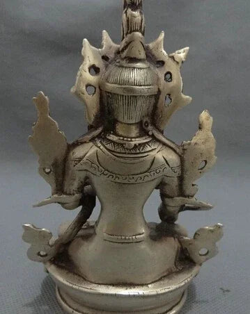 Tibet Silver Buddhist Joss Protect Set Lotus 7 Eyes White Tara Buddha Statue