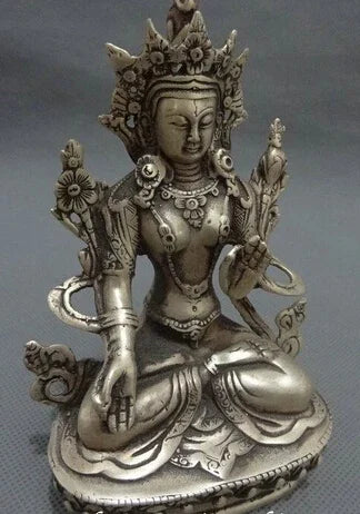 Tibet Silver Buddhist Joss Protect Set Lotus 7 Eyes White Tara Buddha Statue