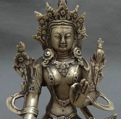 Tibet Silver Buddhist Joss Protect Set Lotus 7 Eyes White Tara Buddha Statue