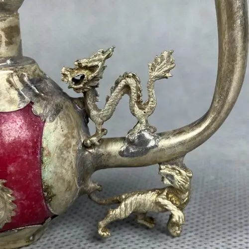 Tibet Silver Inlaid old Jade Handmade Statue Dragon phoenix tiger Smoking Pipe