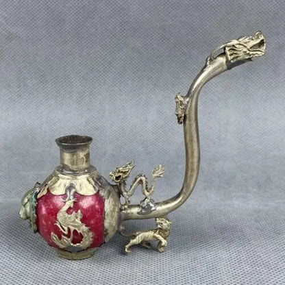 Tibet Silver Inlaid old Jade Handmade Statue Dragon phoenix tiger Smoking Pipe