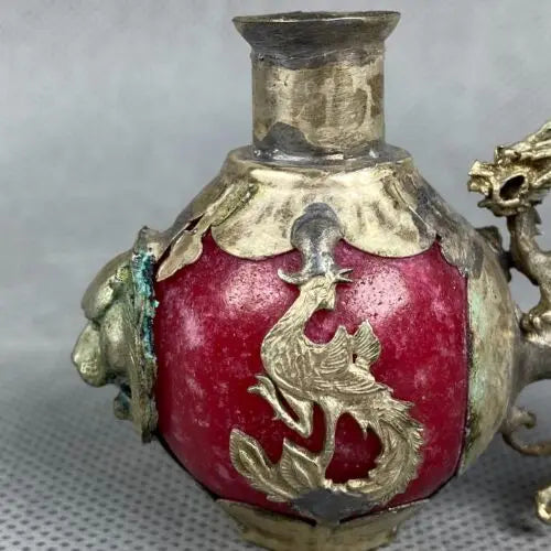 Tibet Silver Inlaid old Jade Handmade Statue Dragon phoenix tiger Smoking Pipe