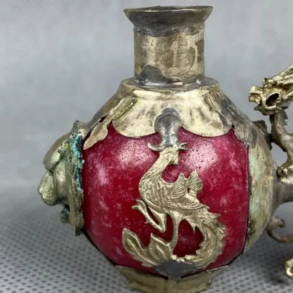Tibet Silver Inlaid old Jade Handmade Statue Dragon phoenix tiger Smoking Pipe