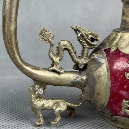 Tibet Silver Inlaid old Jade Handmade Statue Dragon phoenix tiger Smoking Pipe