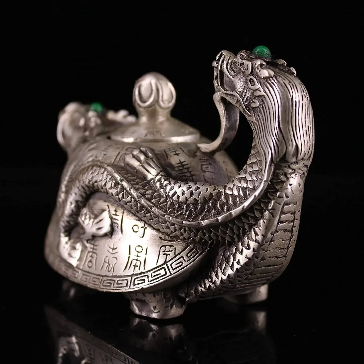 Tibet Temple Collection Old Bronze Gilt Silver Mosaic Gem Dragon Turtle Statue Faucet Flagon Kettle teapot Ornaments Town House
