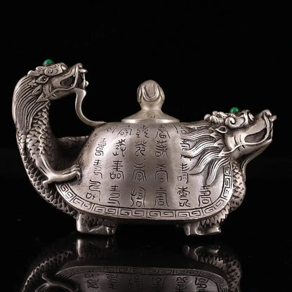 Tibet Temple Collection Old Bronze Gilt Silver Mosaic Gem Dragon Turtle Statue Faucet Flagon Kettle teapot Ornaments Town House