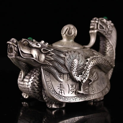 Tibet Temple Collection Old Bronze Gilt Silver Mosaic Gem Dragon Turtle Statue Faucet Flagon Kettle teapot Ornaments Town House