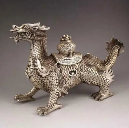 Tibet old silver handmade auspicious dragon town curtilage statue