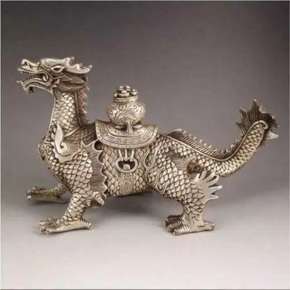 Tibet old silver handmade auspicious dragon town curtilage statue