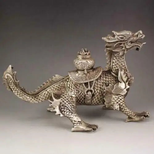 Tibet old silver handmade auspicious dragon town curtilage statue
