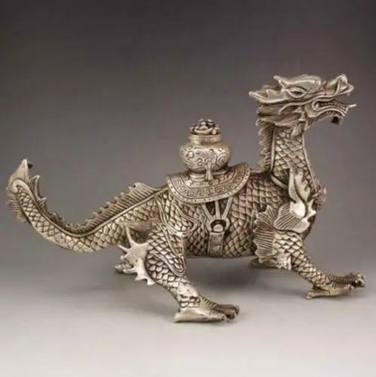 Tibet old silver handmade auspicious dragon town curtilage statue