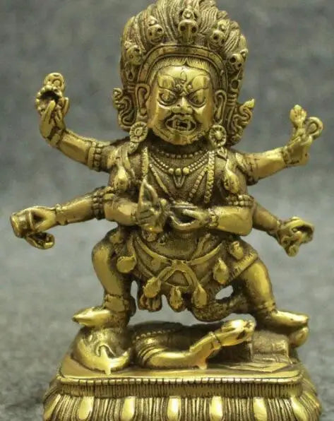 Tibetan Brass Buddhism Joss Vajra Protect 6 Arms Mahakala Buddha Seat Statue 12cm