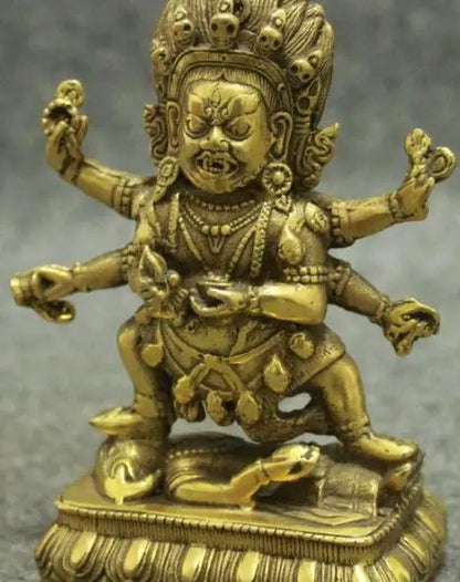Tibetan Brass Buddhism Joss Vajra Protect 6 Arms Mahakala Buddha Seat Statue 12cm