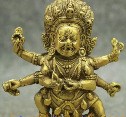 Tibetan Brass Buddhism Joss Vajra Protect 6 Arms Mahakala Buddha Seat Statue 12cm