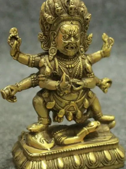 Tibetan Brass Buddhism Joss Vajra Protect 6 Arms Mahakala Buddha Seat Statue 12cm