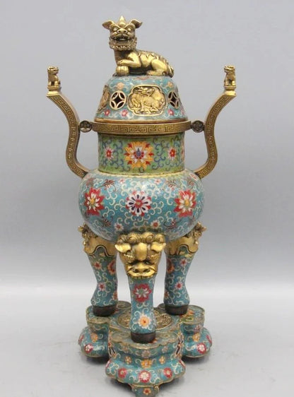 Tibetan Bronze Copper Cloisonne Foo Dog Lion Unicorn kylin Incense Burner Censer