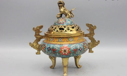 Tibetan Buddhism Bronze Cloisonne Foo Dog Lion Dragon Incense Burner Censer