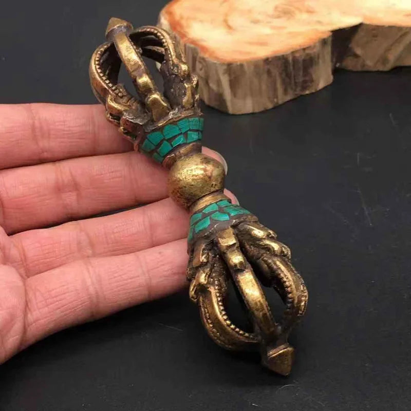 Tibetan Buddhism Bronze Turquoise Buddhist Ritual Tool Hand Vajra Dorje statue