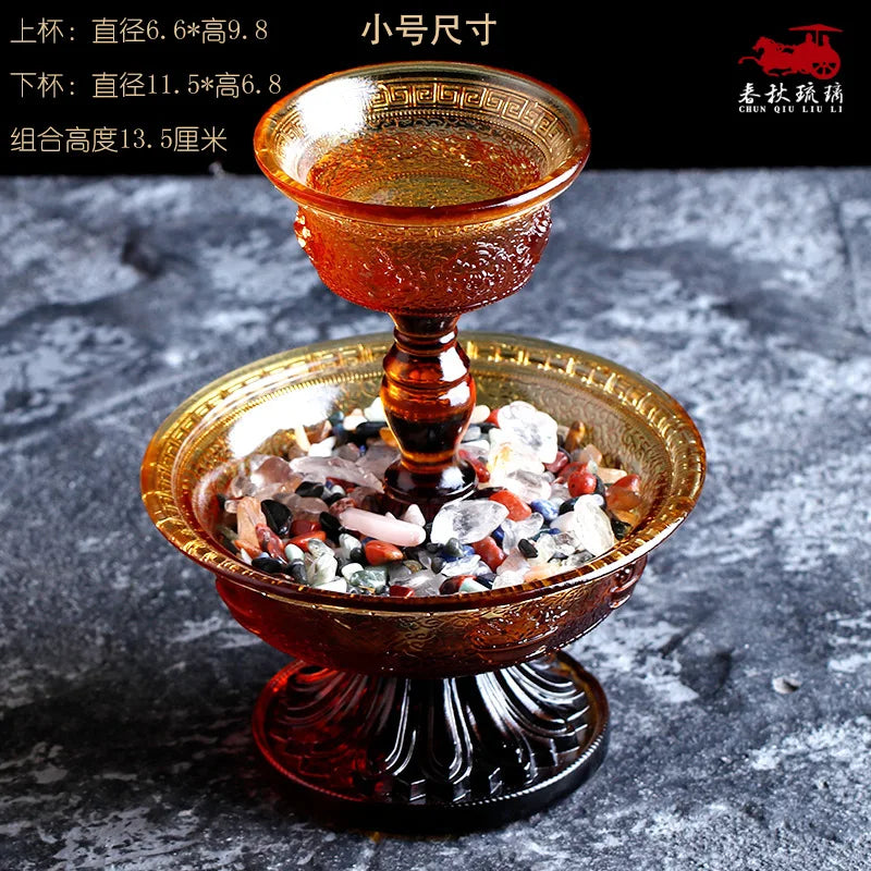 Tibetan Buddhism Coloured glaze Dharma Protection Cup Eight Auspicious Dharma Protectors offering to Buddha meditation ornament