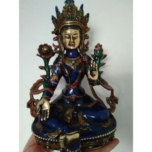 Tibetan Buddhist Handcrafted Bronze Cloisonne Green TaRa Kwan-yin Buddha Statue