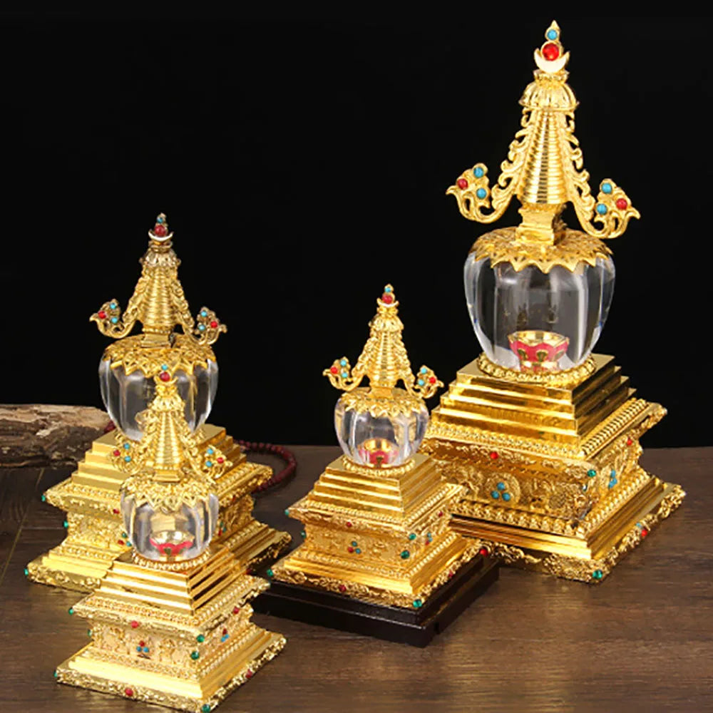 Tibetan Engraved Buddha Statue Stupa Tantric Alloy Handicraft Auspicious Buddhism Home Gift Collection Desktop Decorative