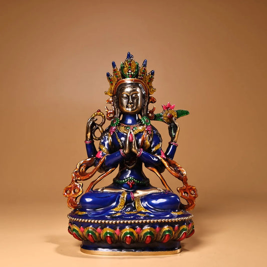 Tibetan Pure Copper Buddhism Hand Engraving Cloisonne Brass Bodhisattva Manjusri Buddha Statue #2